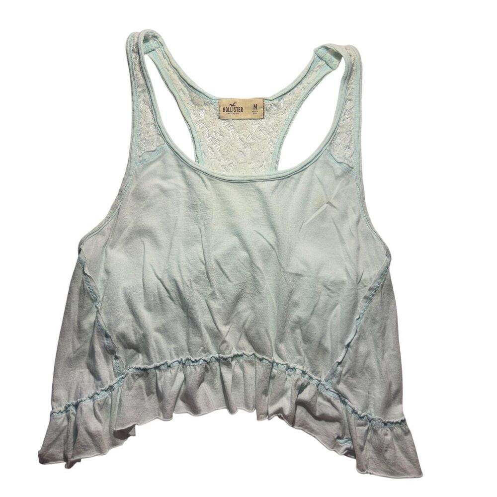 Hollister Lace Racerback Cropped Tank light Seafoam Blue Green Ruffle Y2K M